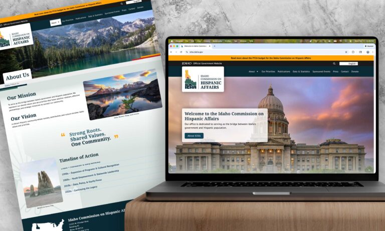 laptop showing icha.idaho.gov homepage and full about us page in background