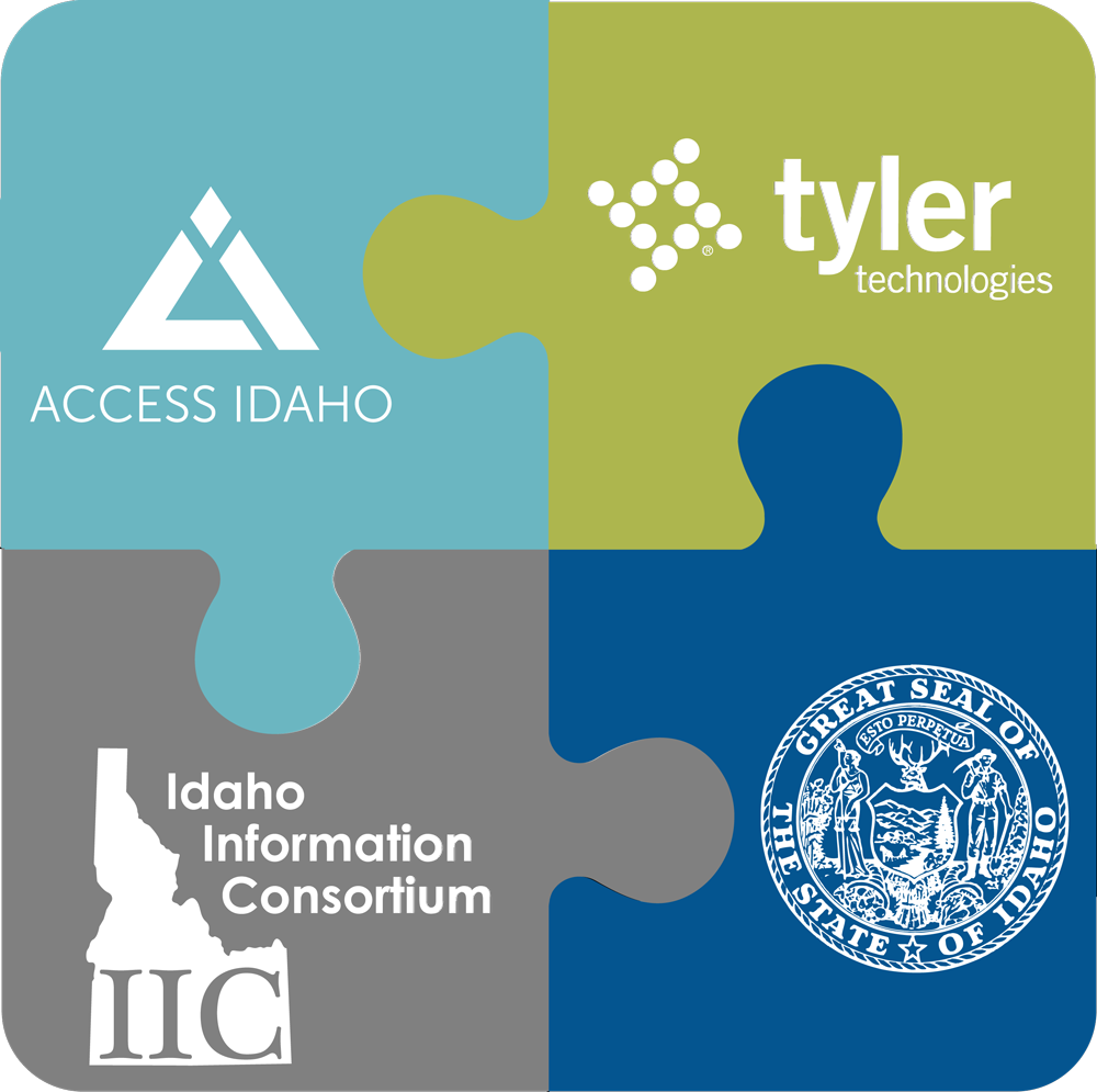 puzzle pieces connected showing the access idaho logo, tyler technologies logo, Idaho Information Consortium logo, and the state of Idaho seal