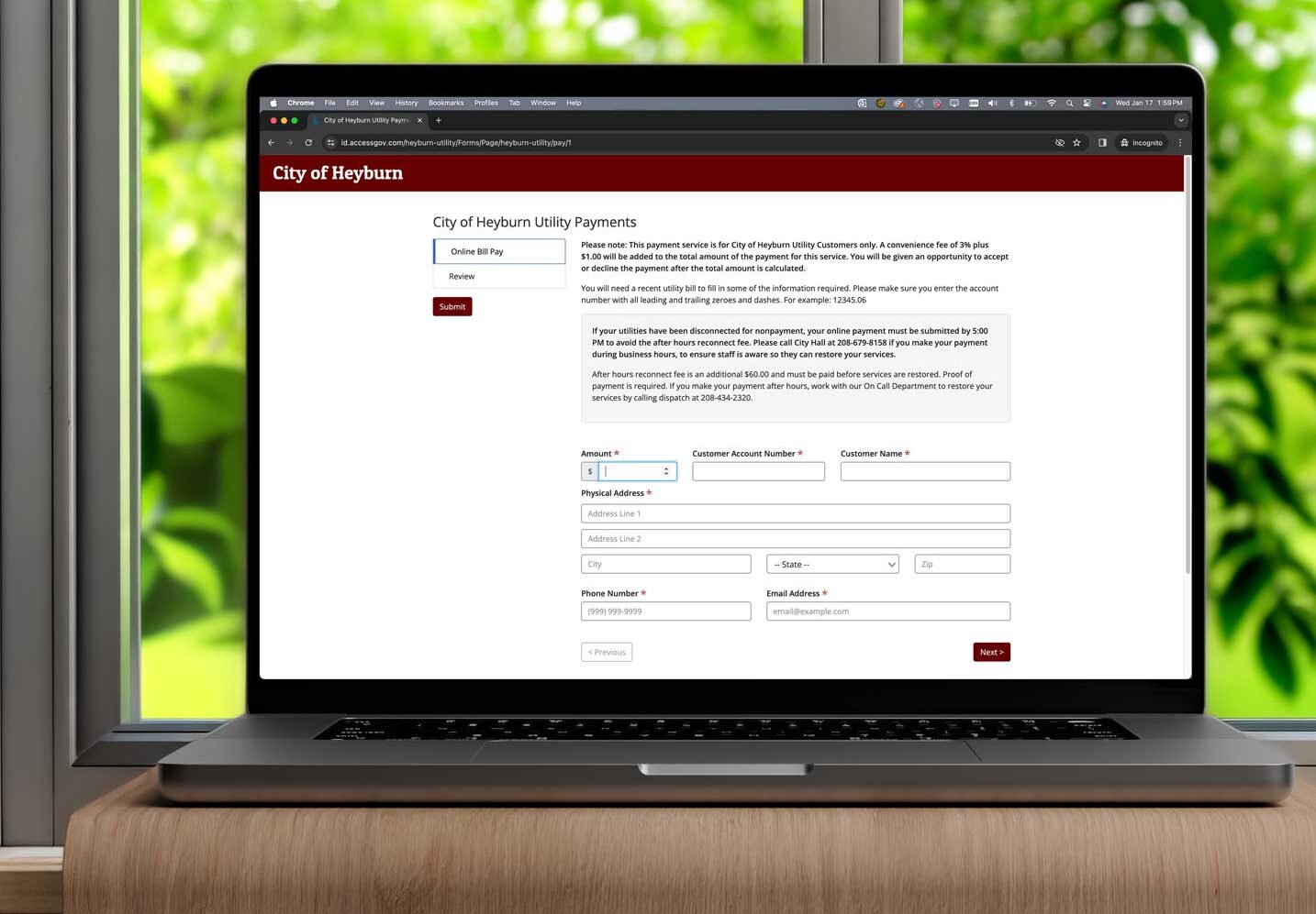 City of Heyburn form on laptop in front of window facing greenery