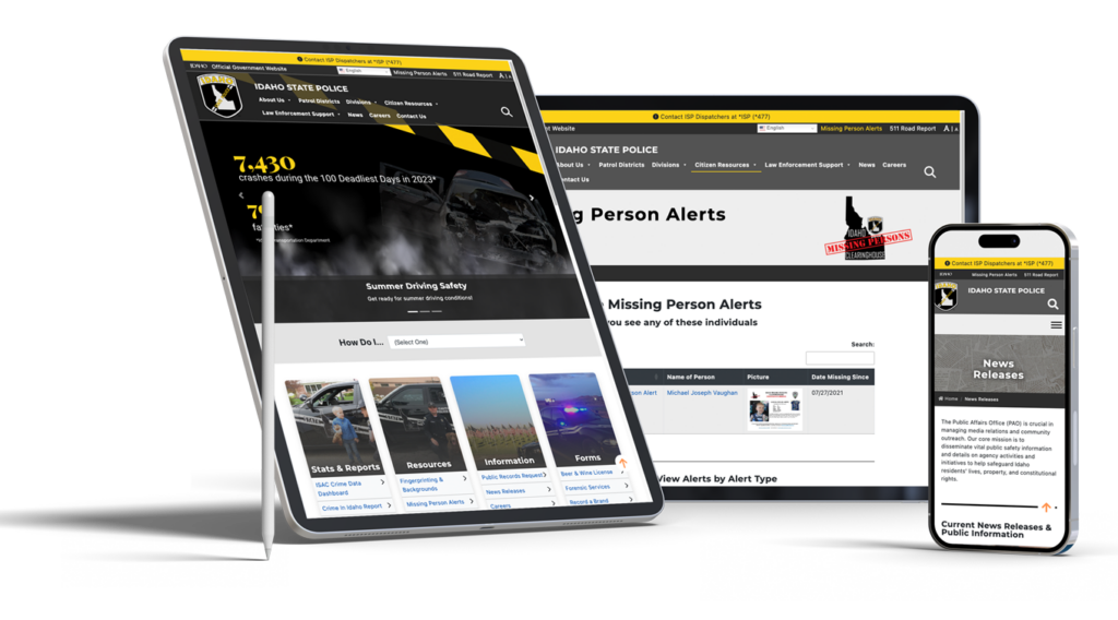 Idaho state police website on tablet, laptop and phone