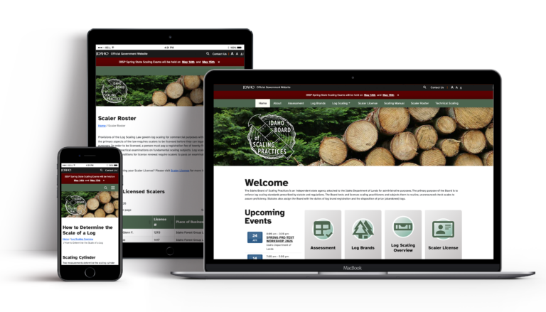 Idaho Board of Scaling Practices website pages features on laptop, ipad, and phone