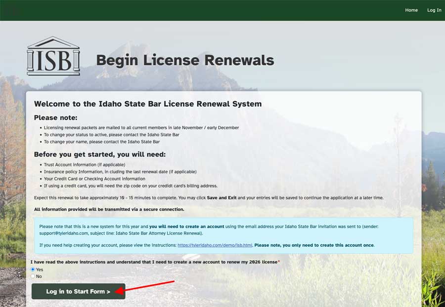 Log in to Start Form button
