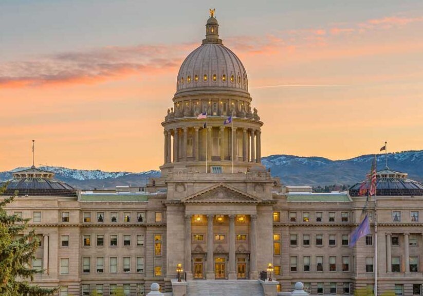 Idaho capitol building with sunrise in background