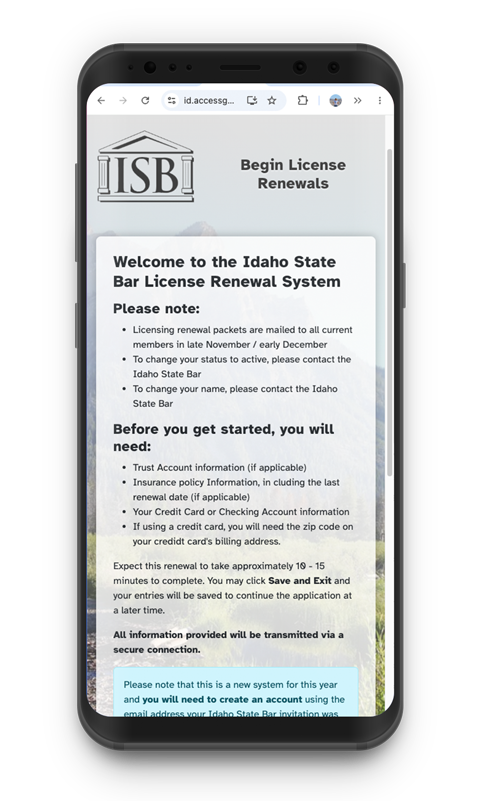 Idaho State Bar Renewal application on smart phone