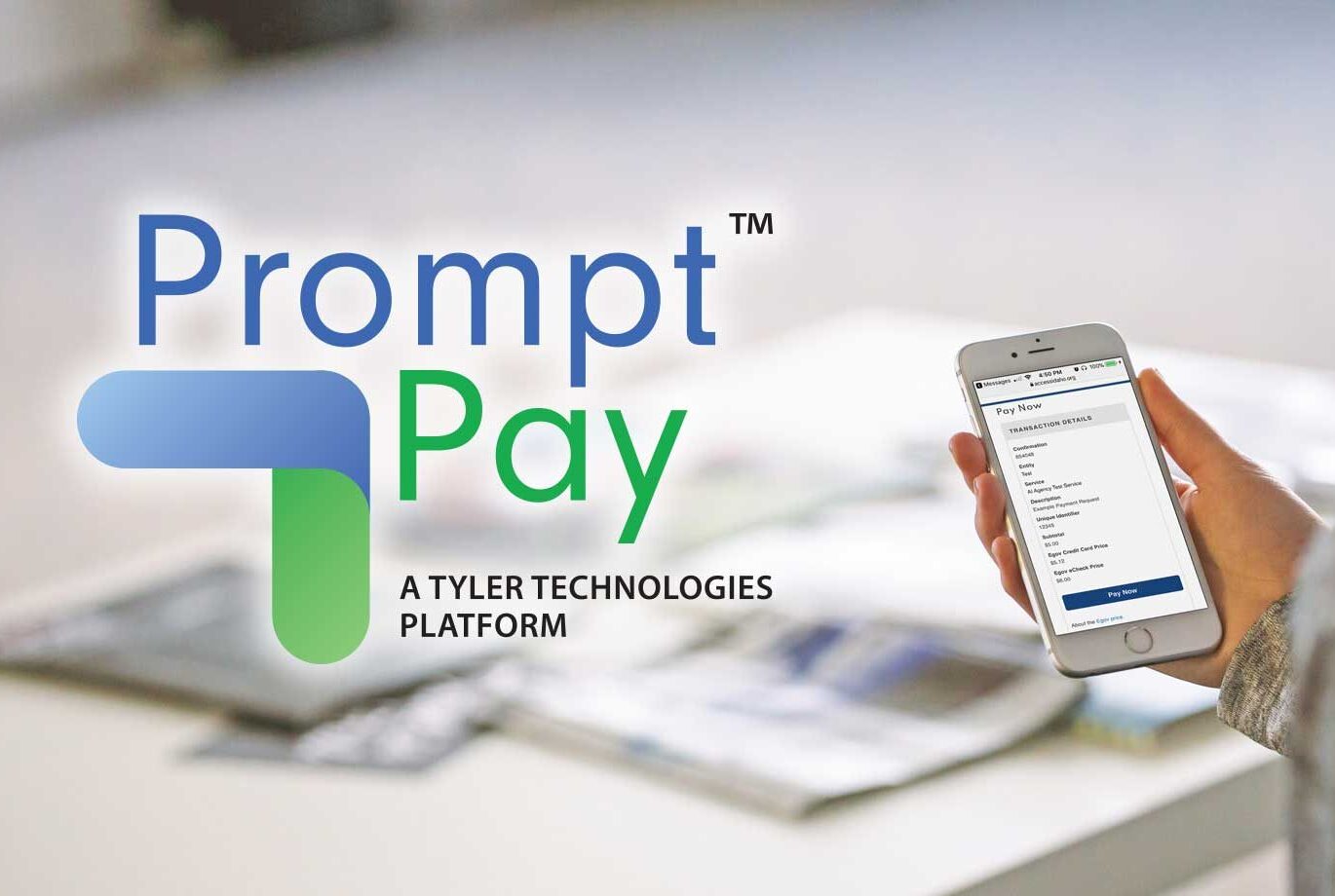 Prompt Pay logo next to lady holding phone with prompt pay link to pay now on it