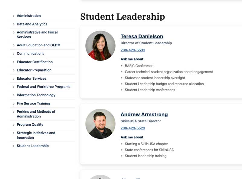 screenshot of the contacts on the contact us page