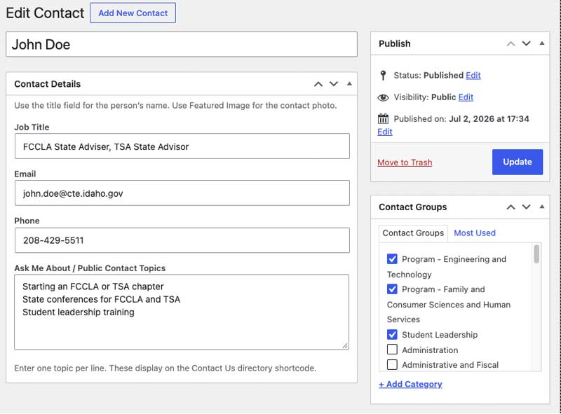 screenshot of the contact custom post type