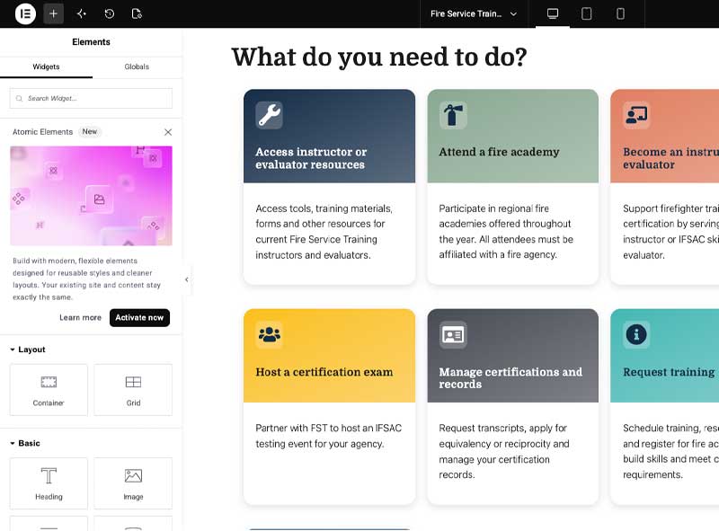 screenshot of reusable elements on the CTE elementor editor